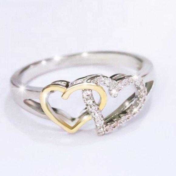 🔥925 Silver, 14K Gold Plated Double Heart CZ Ring for Women, GPMB1415 - Picture 1 of 5